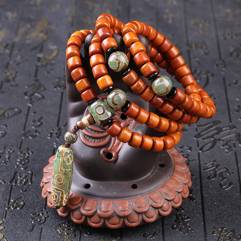 Natural Aged Camel Bone 108-Bead Buddhist Bracelet for Men – with Agate Nine-Eyed Dzi Bead & Yak Bone