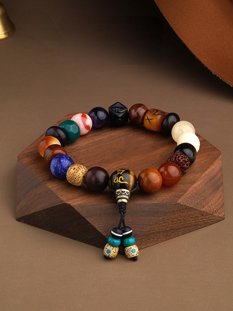 Potala Palace Cultural Creation Multi-Jewel 18-Bead Buddhist Bracelet with Ox Bone, Tibetan Style, Obsidian Octagonal Beads