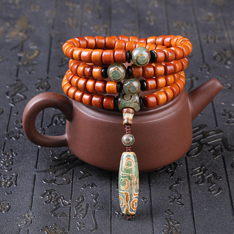 Natural Aged Camel Bone 108-Bead Buddhist Bracelet for Men – with Agate Nine-Eyed Dzi Bead & Yak Bone