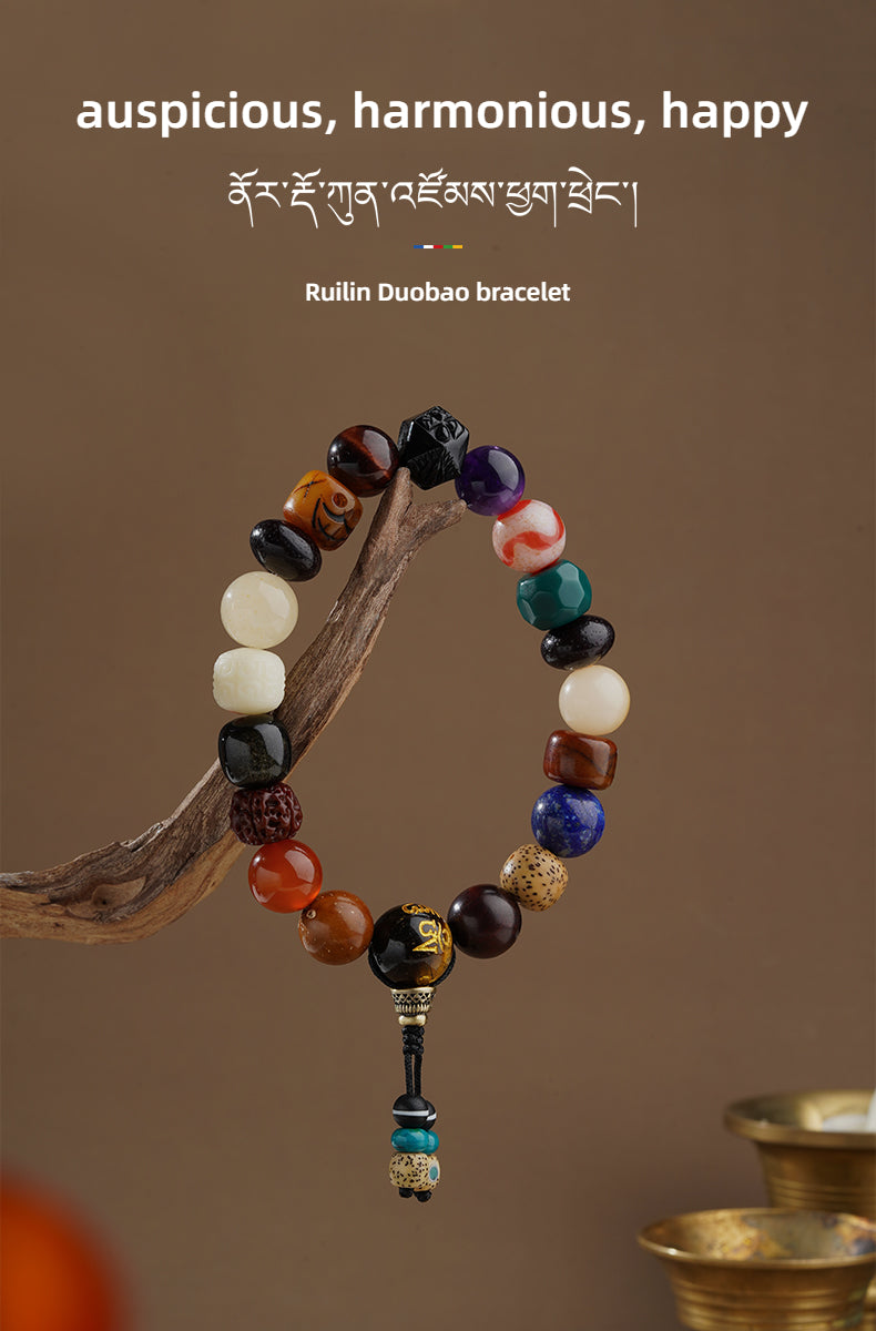 Potala Palace Cultural Creation Multi-Jewel 18-Bead Buddhist Bracelet with Ox Bone, Tibetan Style, Obsidian Octagonal Beads