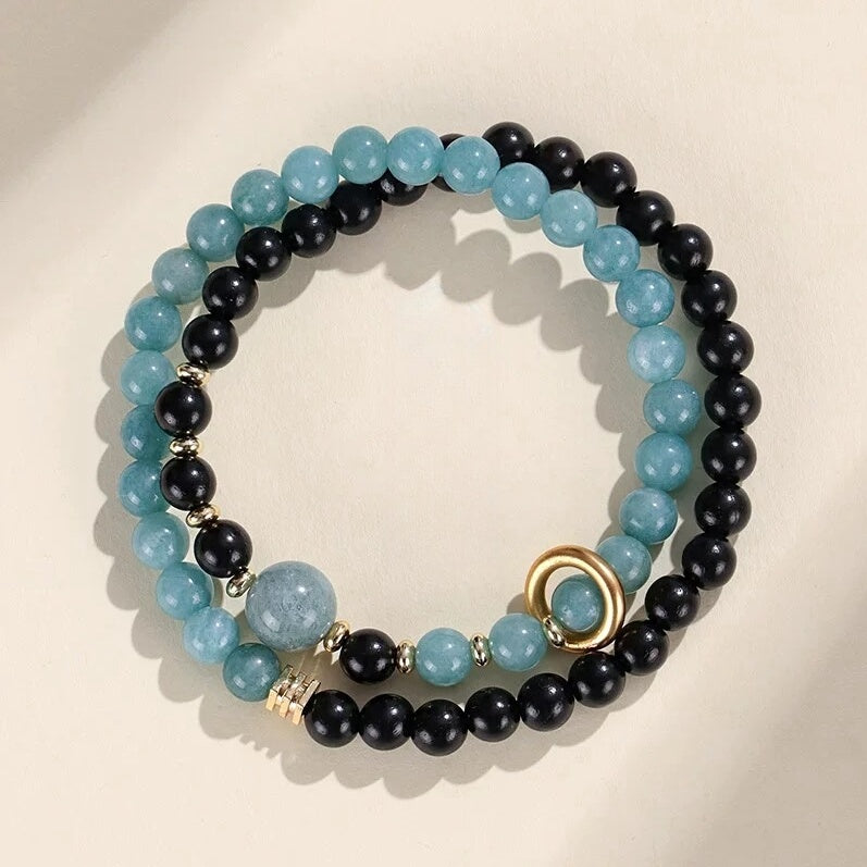 Natural Spiritual Pearl Blue Water Jadeite & Ebony Neo-Chinese Style Bracelet