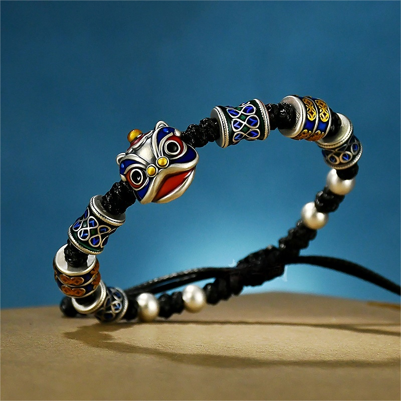 999 Pure Silver Cloisonné Dancing Lion Bracelet