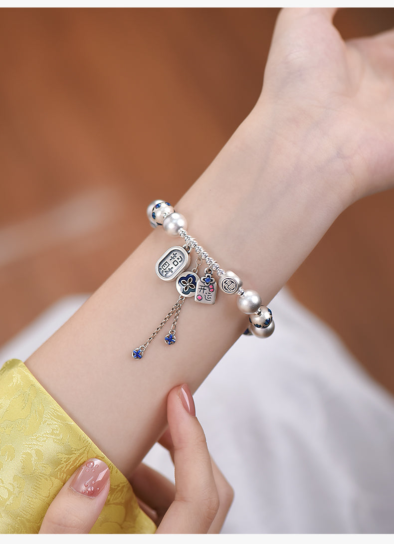 999 Pure Silver Cloisonné Lucky Bead Bracelet