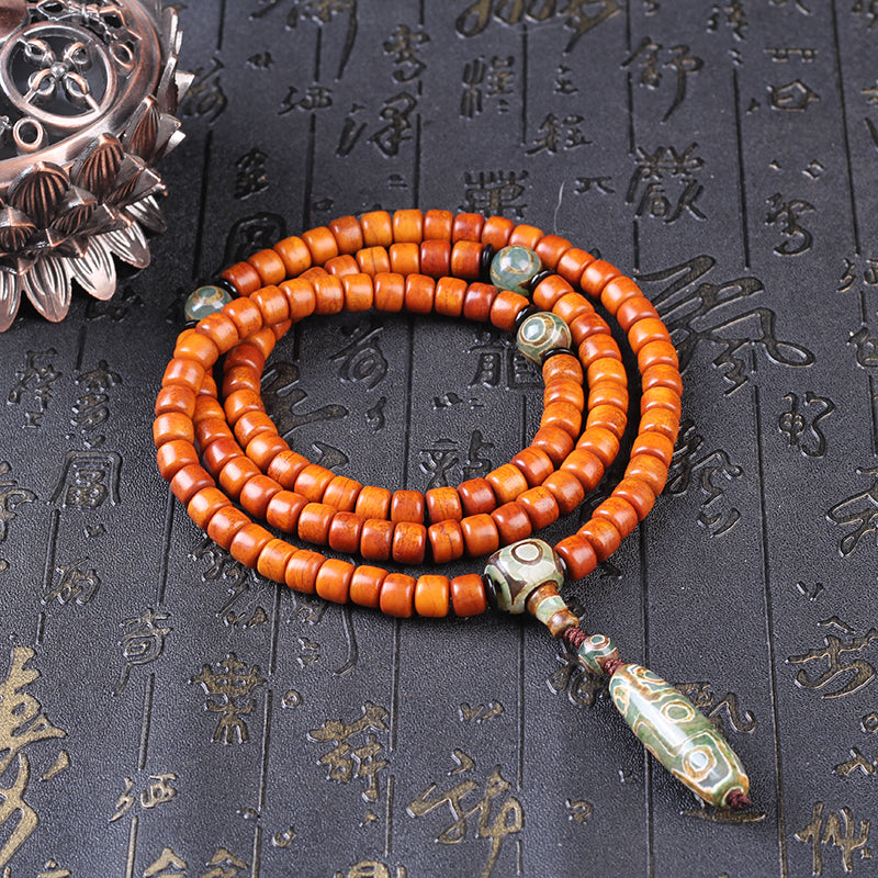 Natural Aged Camel Bone 108-Bead Buddhist Bracelet for Men – with Agate Nine-Eyed Dzi Bead & Yak Bone