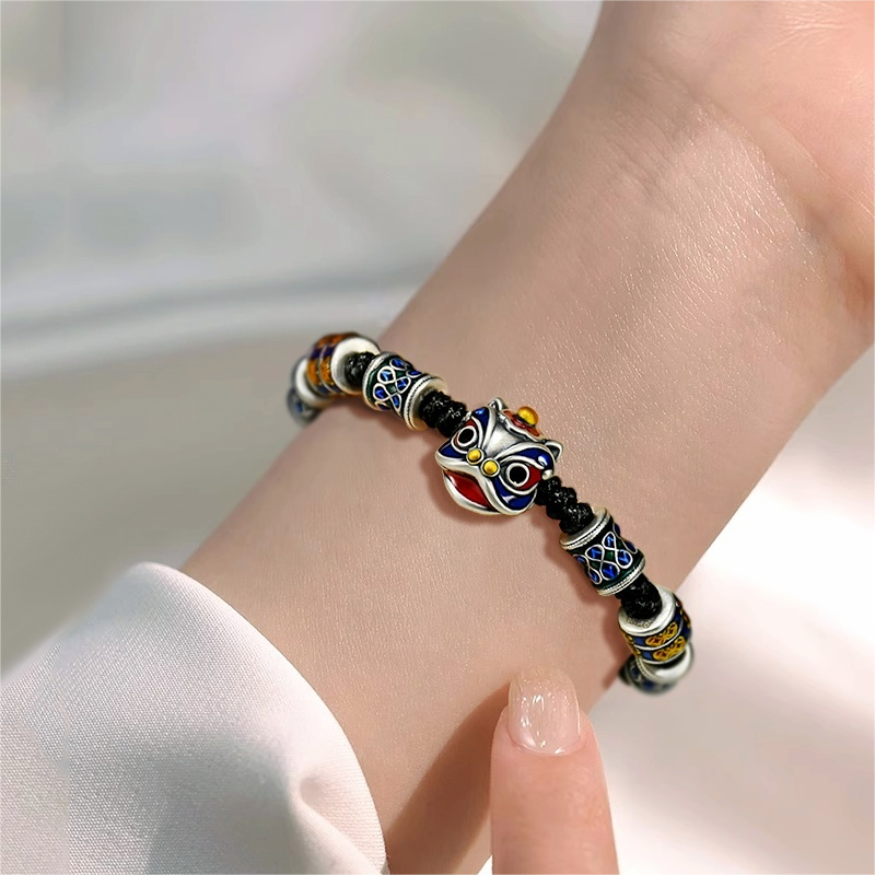 999 Pure Silver Cloisonné Dancing Lion Bracelet