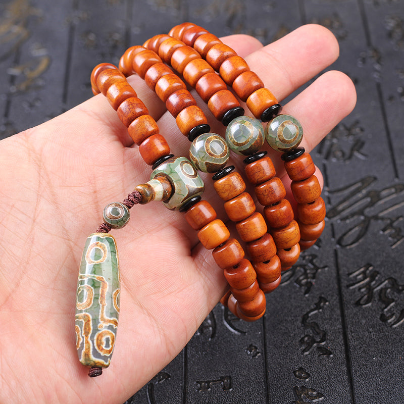 Natural Aged Camel Bone 108-Bead Buddhist Bracelet for Men – with Agate Nine-Eyed Dzi Bead & Yak Bone