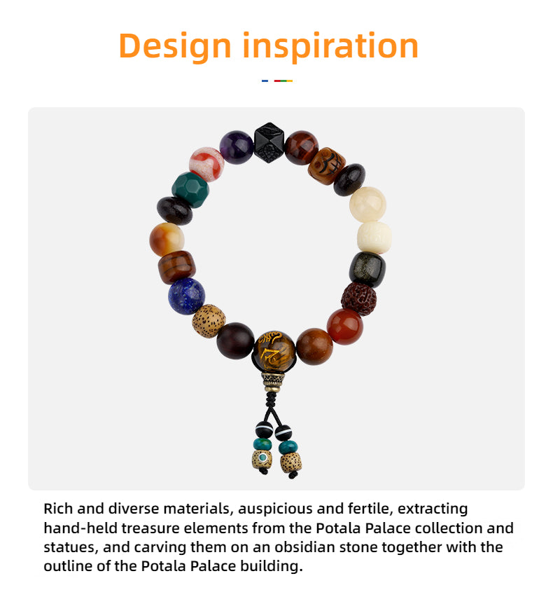 Potala Palace Cultural Creation Multi-Jewel 18-Bead Buddhist Bracelet with Ox Bone, Tibetan Style, Obsidian Octagonal Beads