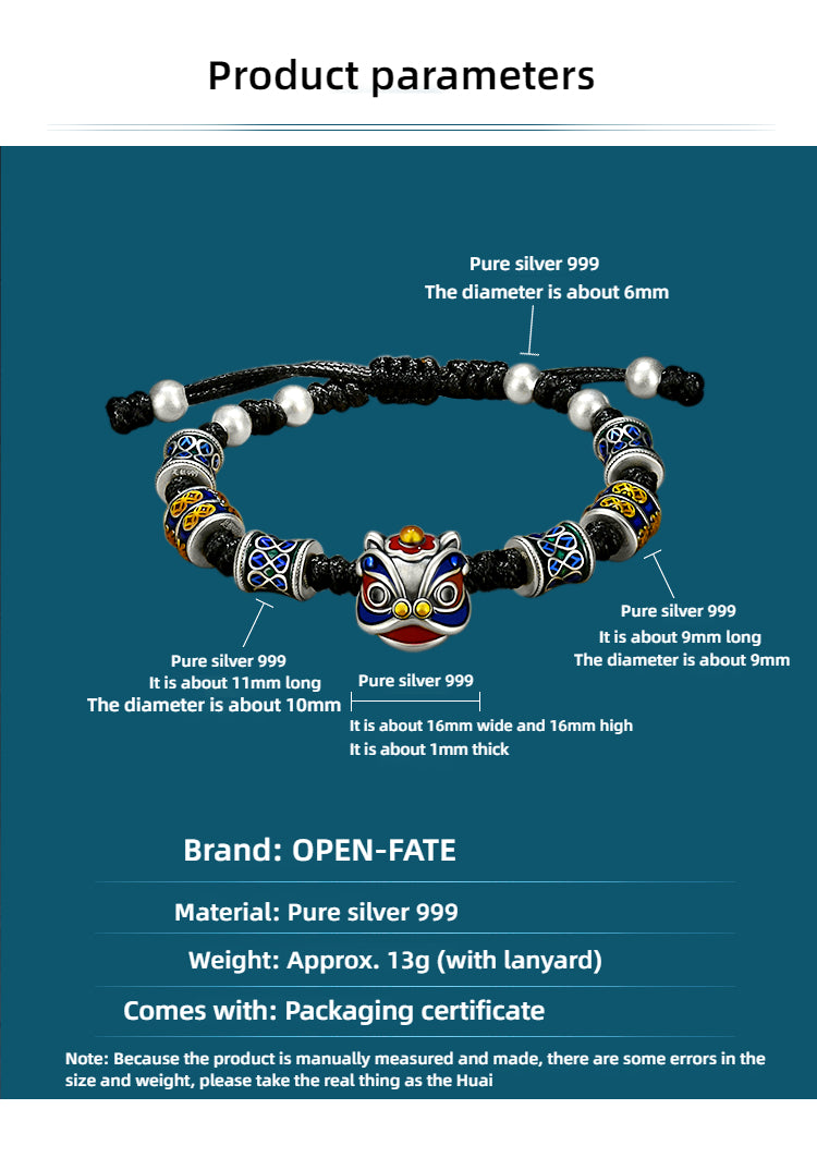999 Pure Silver Cloisonné Dancing Lion Bracelet