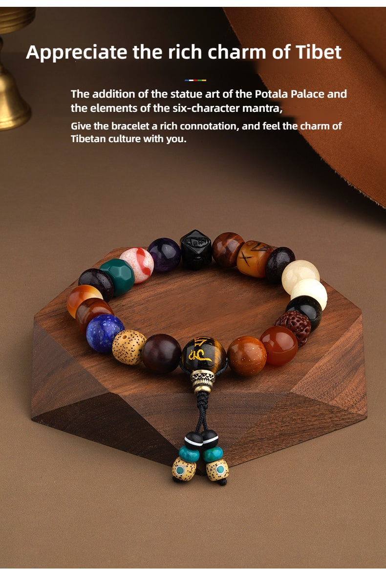 Potala Palace Cultural Creation Multi-Jewel 18-Bead Buddhist Bracelet with Ox Bone, Tibetan Style, Obsidian Octagonal Beads