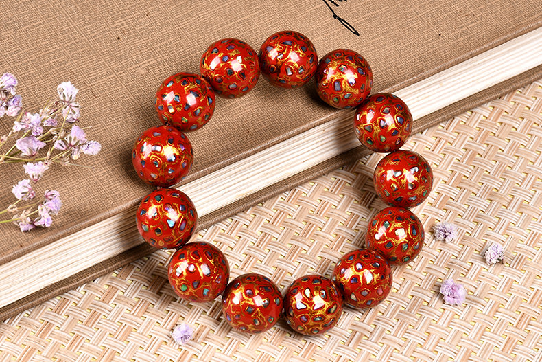 Intangible Cultural Heritage Lacquer Bracelet with Multi-Jewels, Mother-of-Pearl Inlay, and Xipi Lacquer Technique Beads