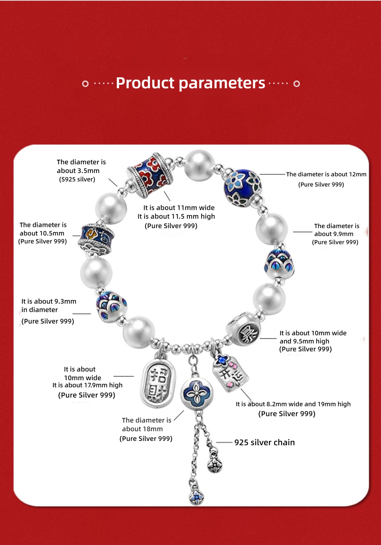 999 Pure Silver Cloisonné Lucky Bead Bracelet