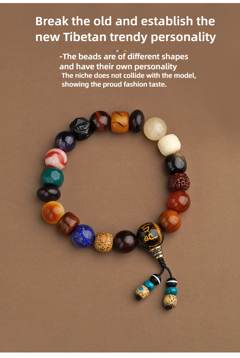 Potala Palace Cultural Creation Multi-Jewel 18-Bead Buddhist Bracelet with Ox Bone, Tibetan Style, Obsidian Octagonal Beads