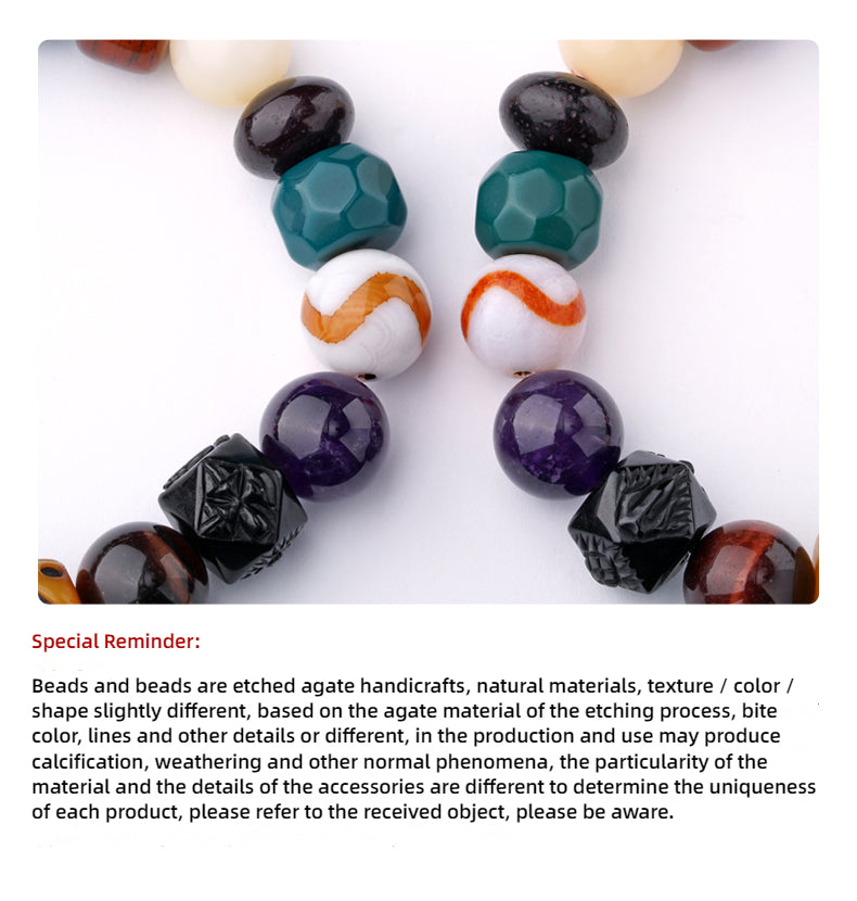 Potala Palace Cultural Creation Multi-Jewel 18-Bead Buddhist Bracelet with Ox Bone, Tibetan Style, Obsidian Octagonal Beads