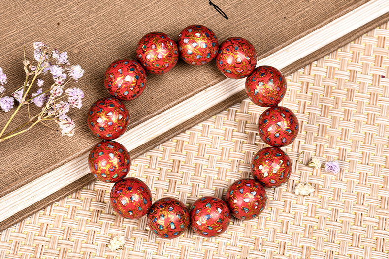 Intangible Cultural Heritage Lacquer Bracelet with Multi-Jewels, Mother-of-Pearl Inlay, and Xipi Lacquer Technique Beads