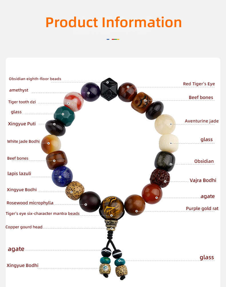 Potala Palace Cultural Creation Multi-Jewel 18-Bead Buddhist Bracelet with Ox Bone, Tibetan Style, Obsidian Octagonal Beads