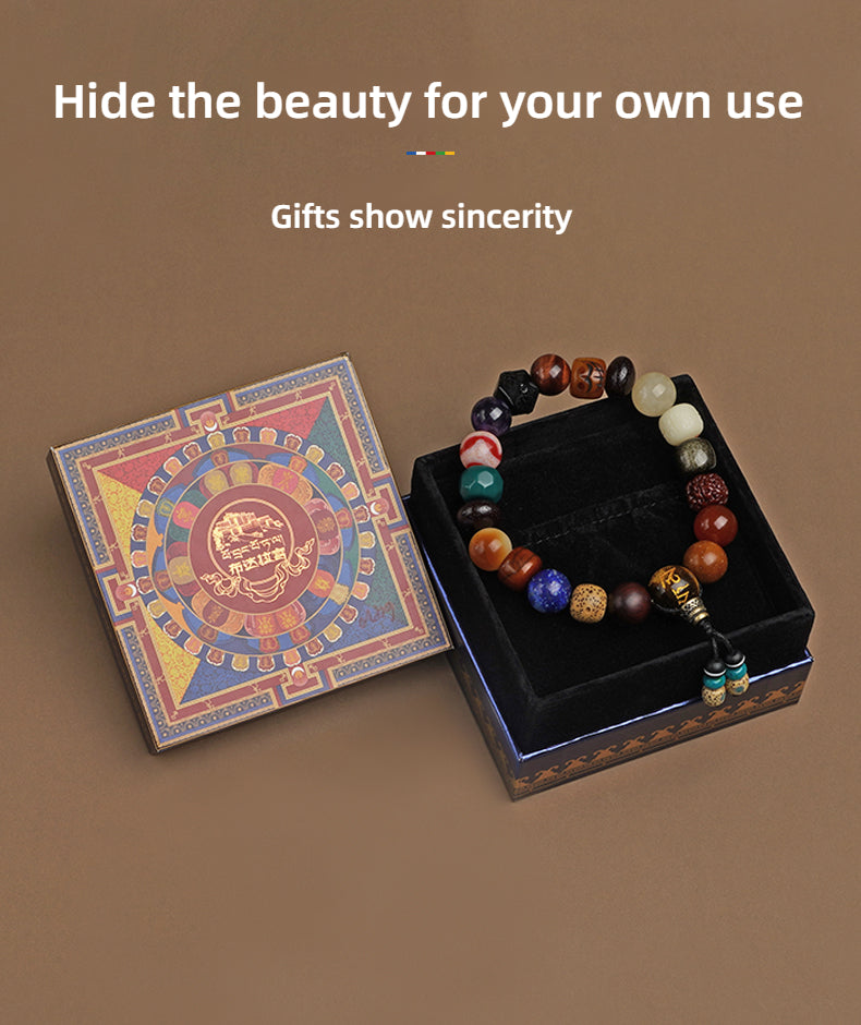 Potala Palace Cultural Creation Multi-Jewel 18-Bead Buddhist Bracelet with Ox Bone, Tibetan Style, Obsidian Octagonal Beads