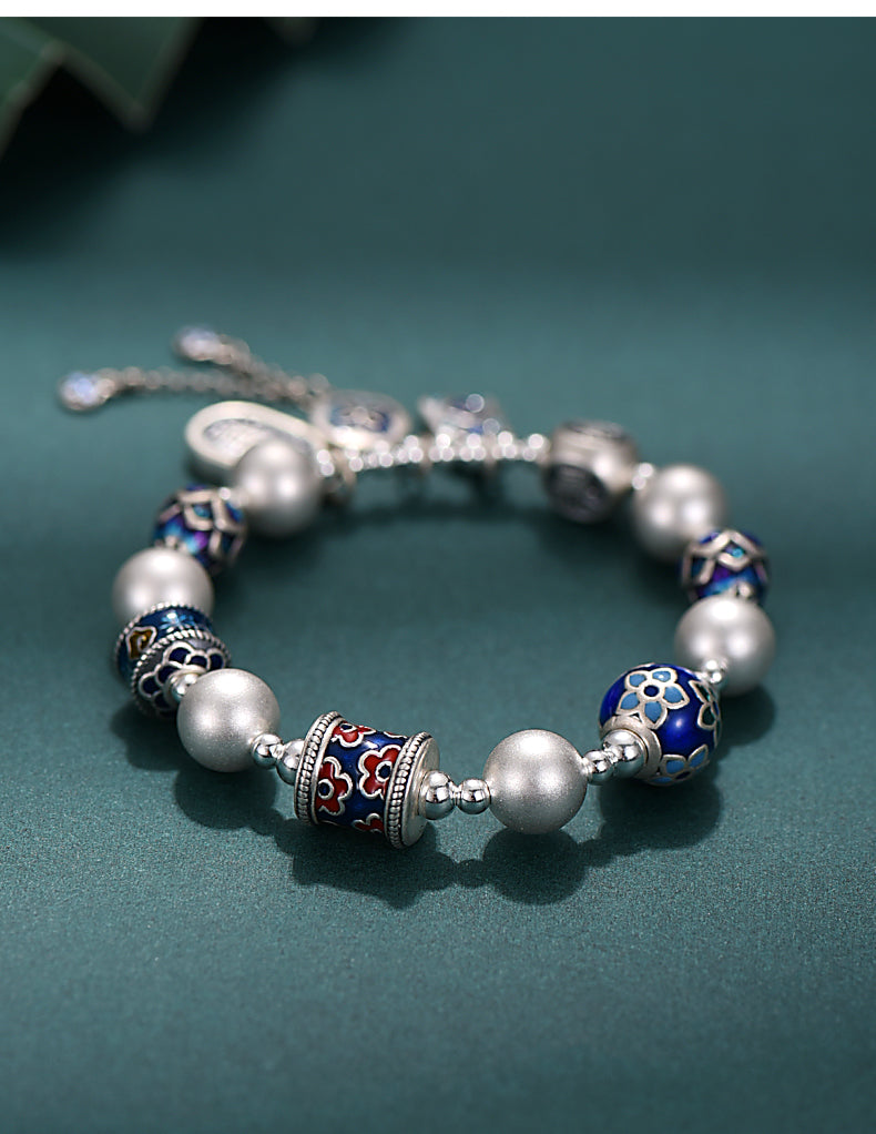 999 Pure Silver Cloisonné Lucky Bead Bracelet