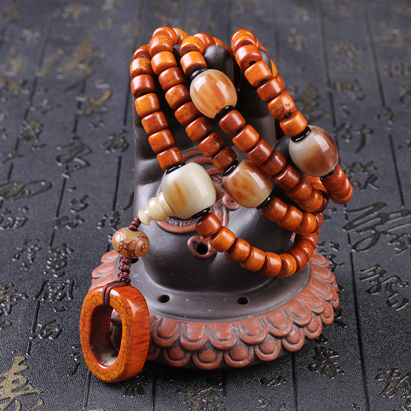 Natural Aged Camel Bone 108-Bead Buddhist Bracelet for Men – with Agate Nine-Eyed Dzi Bead & Yak Bone