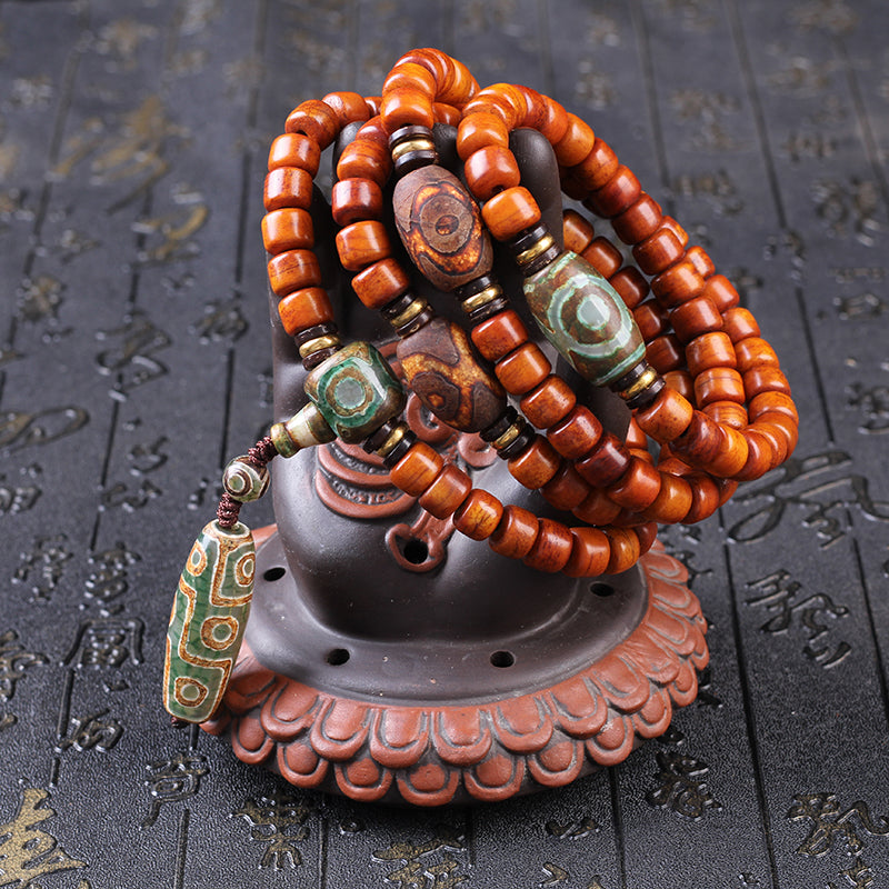 Natural Aged Camel Bone 108-Bead Buddhist Bracelet for Men – with Agate Nine-Eyed Dzi Bead & Yak Bone