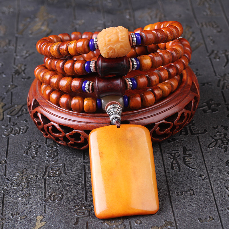 Natural Aged Camel Bone 108-Bead Buddhist Bracelet for Men – with Agate Nine-Eyed Dzi Bead & Yak Bone