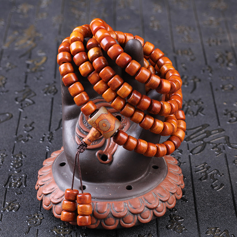 Natural Aged Camel Bone 108-Bead Buddhist Bracelet for Men – with Agate Nine-Eyed Dzi Bead & Yak Bone