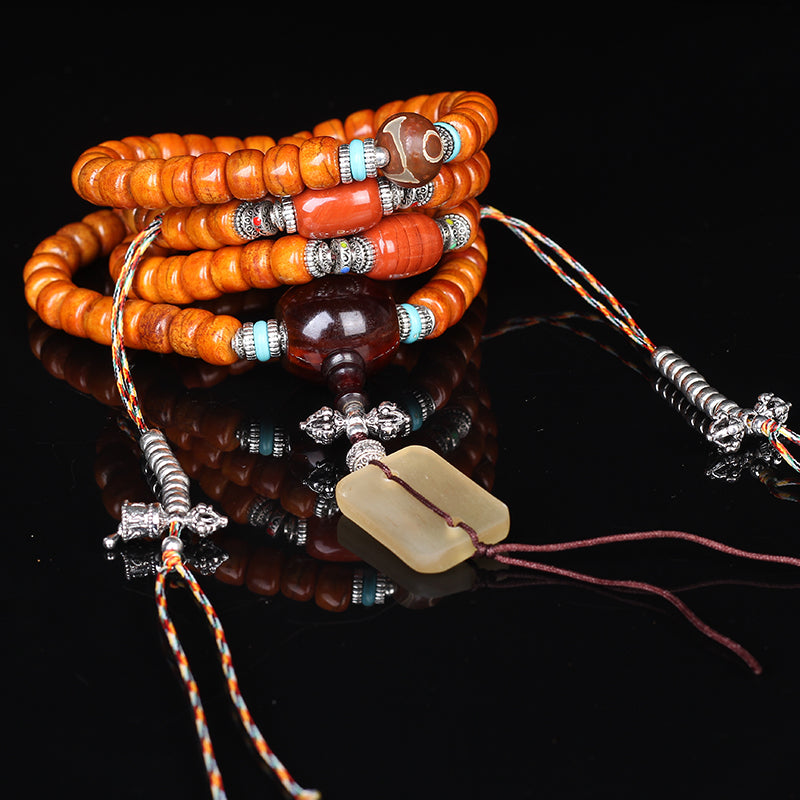 Natural Aged Camel Bone 108-Bead Buddhist Bracelet for Men – with Agate Nine-Eyed Dzi Bead & Yak Bone