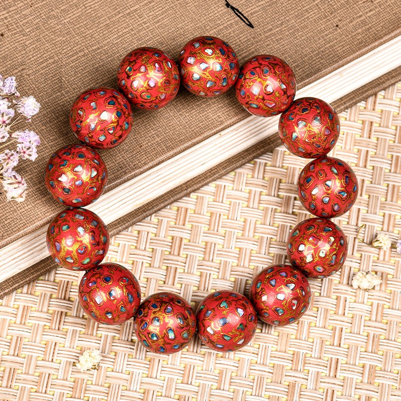 Intangible Cultural Heritage Lacquer Bracelet with Multi-Jewels, Mother-of-Pearl Inlay, and Xipi Lacquer Technique Beads