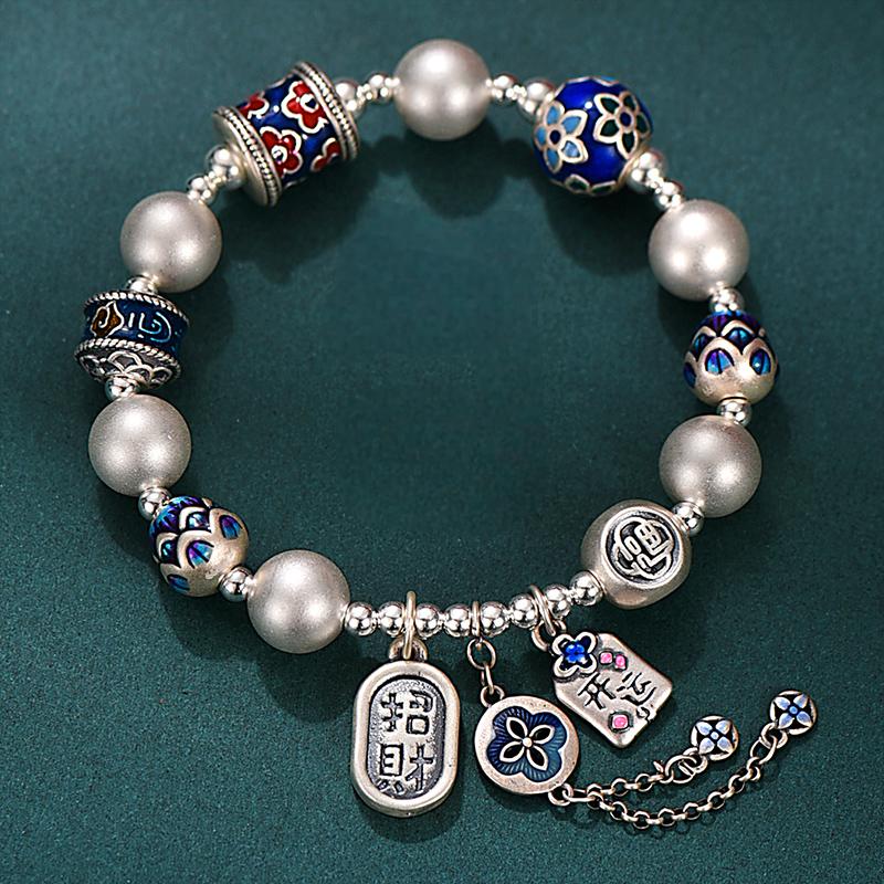 999 Pure Silver Cloisonné Lucky Bead Bracelet