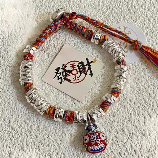 Chubby Fortune Pure Silver Coil Bracelet, Solid Gold-devouring Beast Beads
